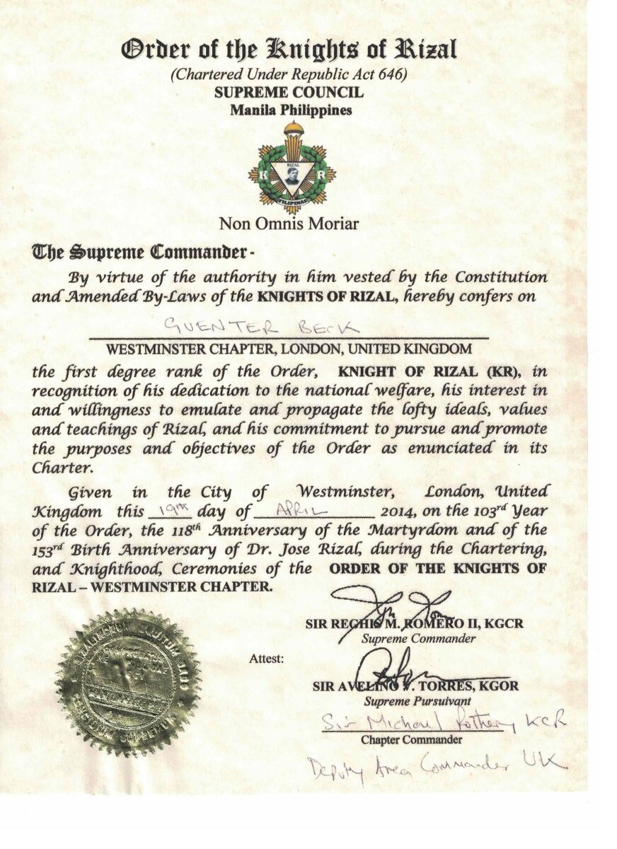 Knights of Rizal Urkunde