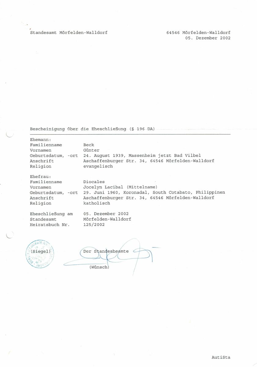 Eheschließung Sally Günter